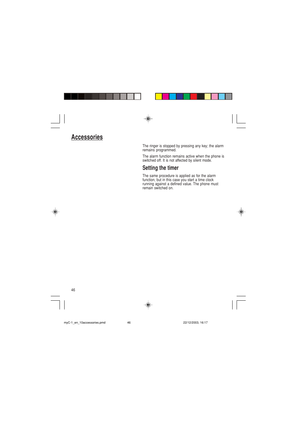 Accessories, Setting the timer | Sagem myC-1 User Manual | Page 47 / 61