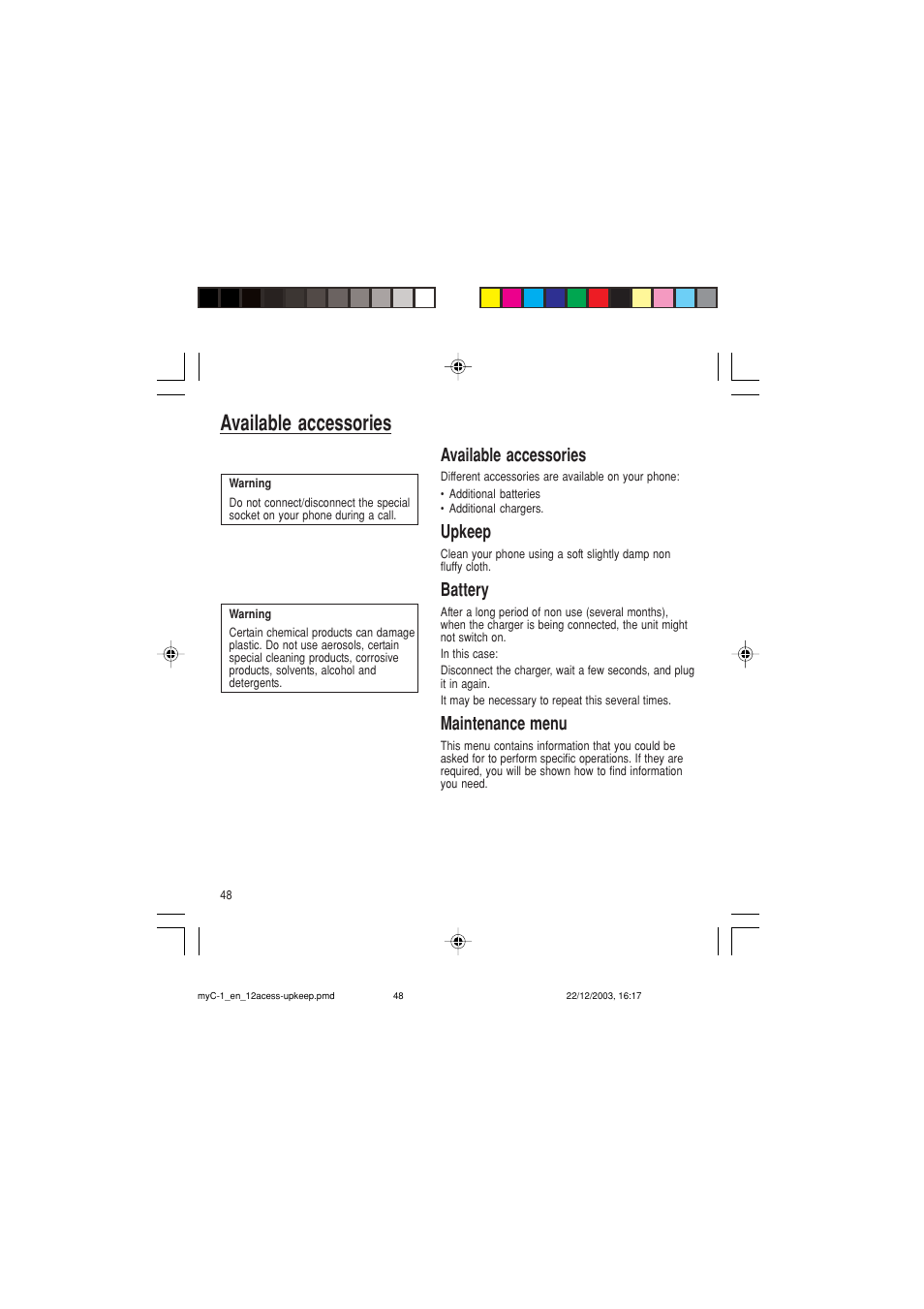 Available accessories, Upkeep, Battery | Maintenance menu | Sagem myC-1 User Manual | Page 49 / 61