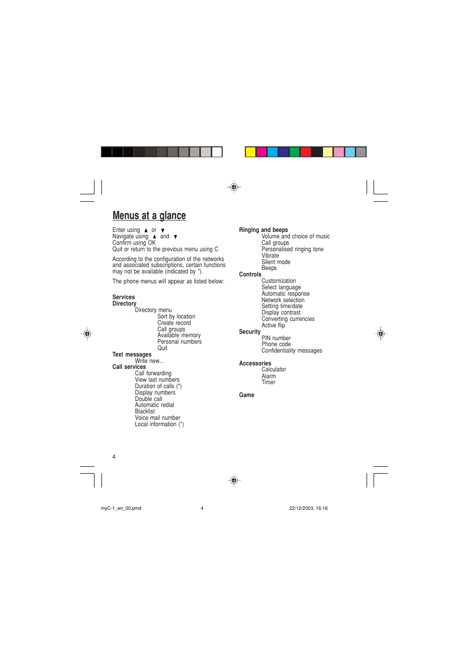 Menus at a glance | Sagem myC-1 User Manual | Page 5 / 61