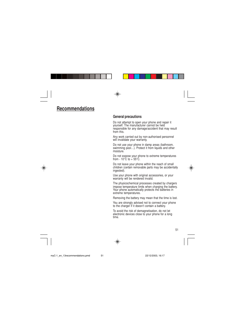 Recommendations, General precautions | Sagem myC-1 User Manual | Page 52 / 61