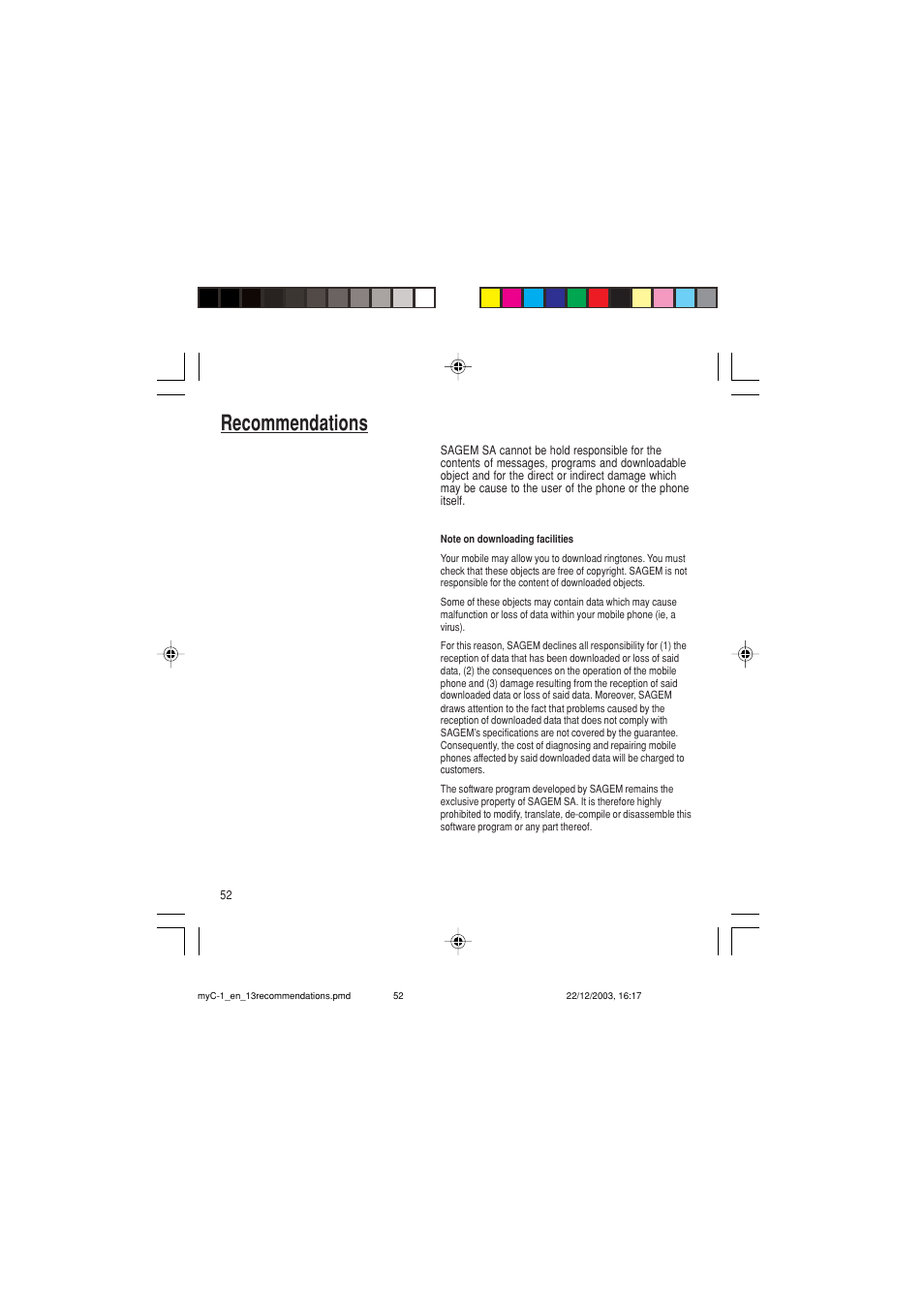 Recommendations | Sagem myC-1 User Manual | Page 53 / 61