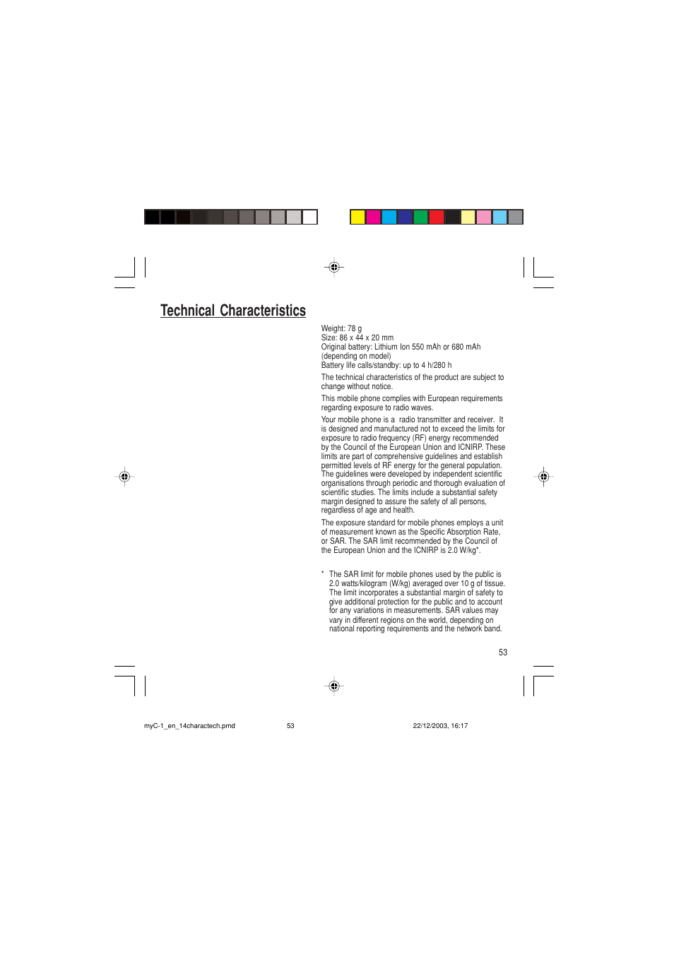 Technical characteristics | Sagem myC-1 User Manual | Page 54 / 61