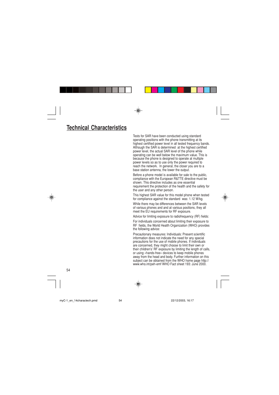 Technical characteristics | Sagem myC-1 User Manual | Page 55 / 61