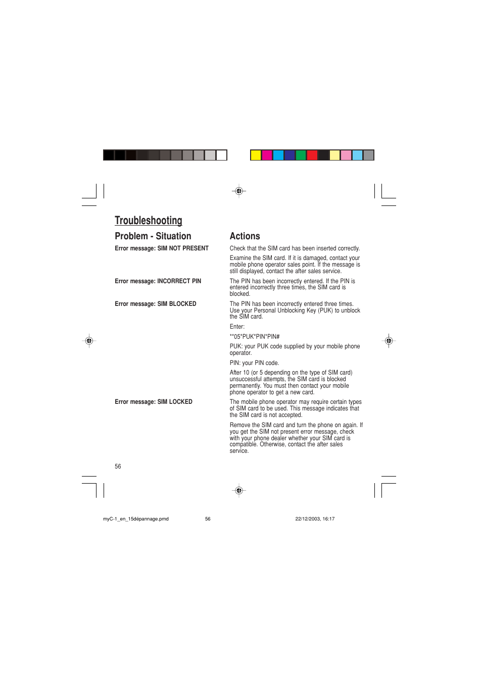 Troubleshooting, Problem - situation actions | Sagem myC-1 User Manual | Page 57 / 61