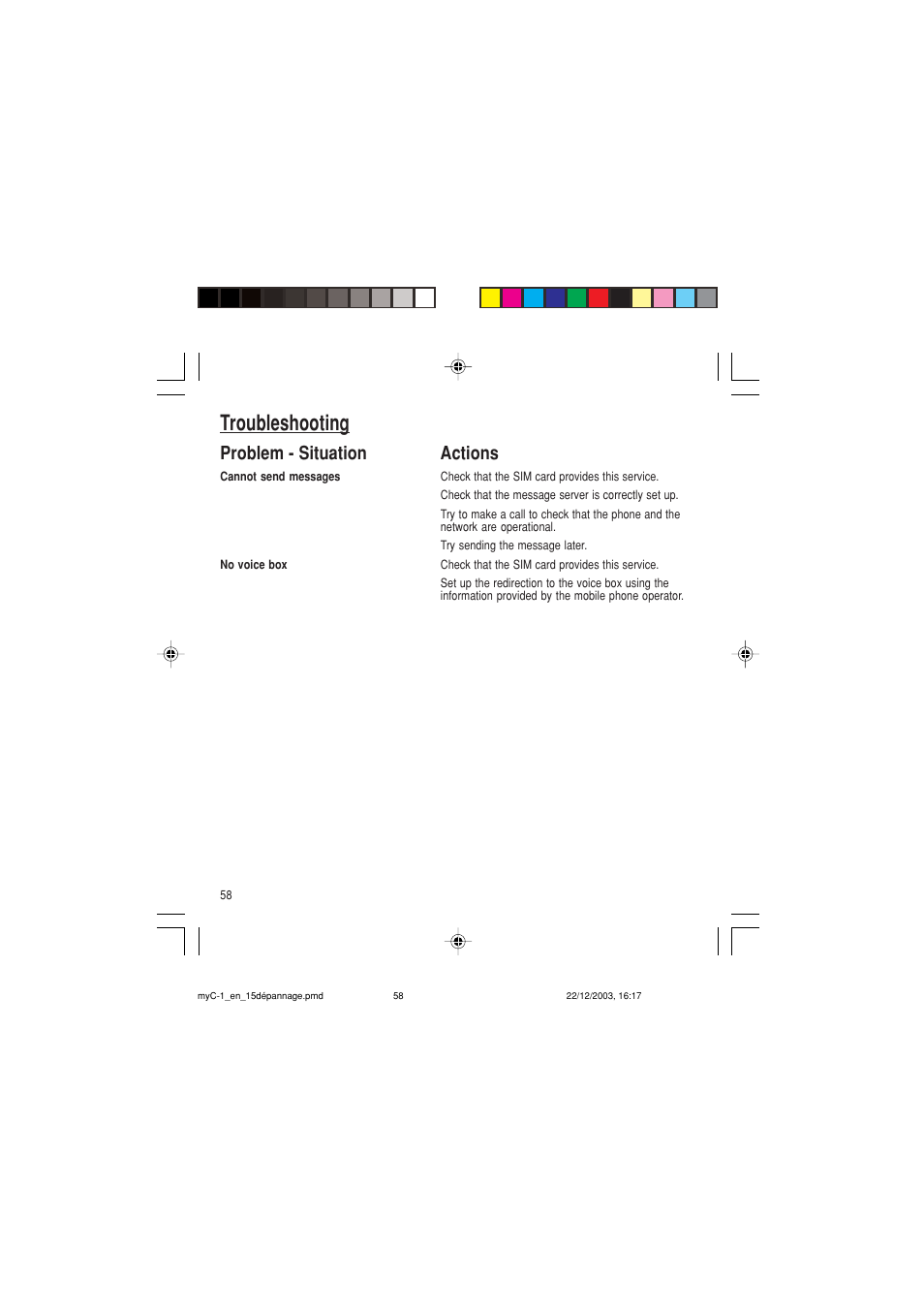 Troubleshooting, Problem - situation actions | Sagem myC-1 User Manual | Page 59 / 61