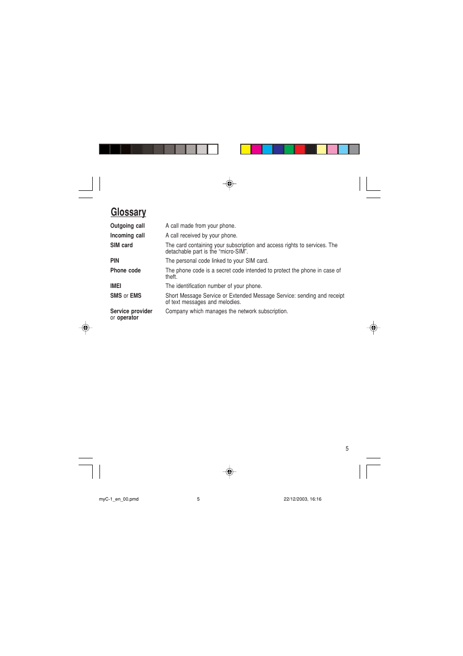 Glossary | Sagem myC-1 User Manual | Page 6 / 61