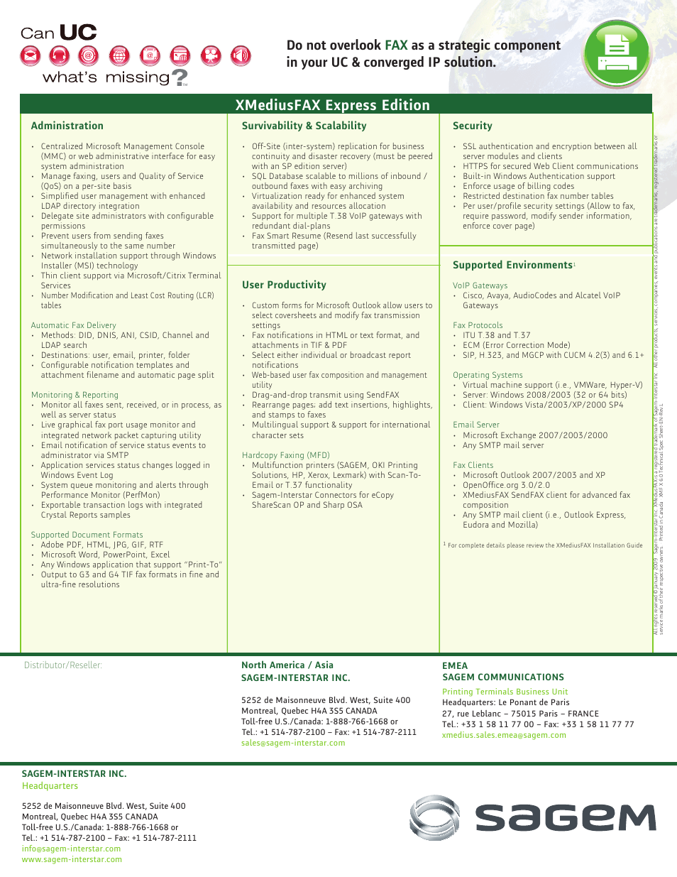 Xmediusfax express edition, Administration, Survivability & scalability | User productivity, Security, Supported environments, North america / asia sagem-interstar inc, Emea sagem communications | Sagem XMediusFAX User Manual | Page 2 / 2