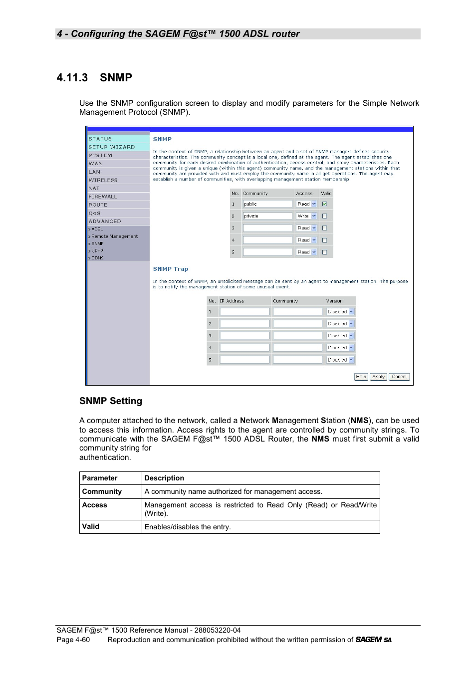 3 snmp, Snmp setting | Sagem SAGEMFAST 1500WG User Manual | Page 106 / 138
