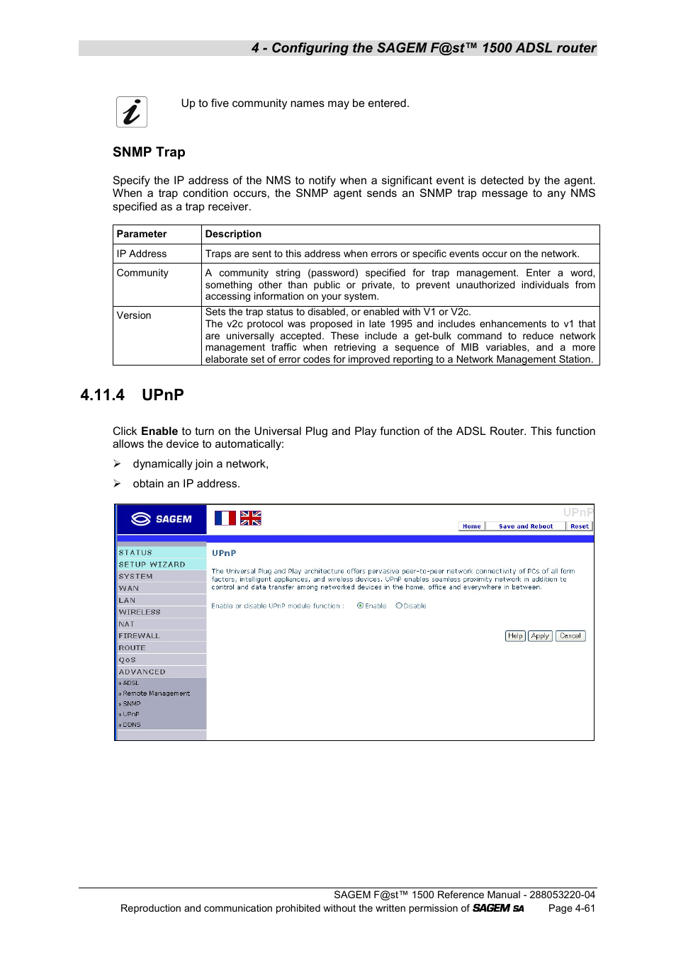 4 upnp, Snmp trap | Sagem SAGEMFAST 1500WG User Manual | Page 107 / 138