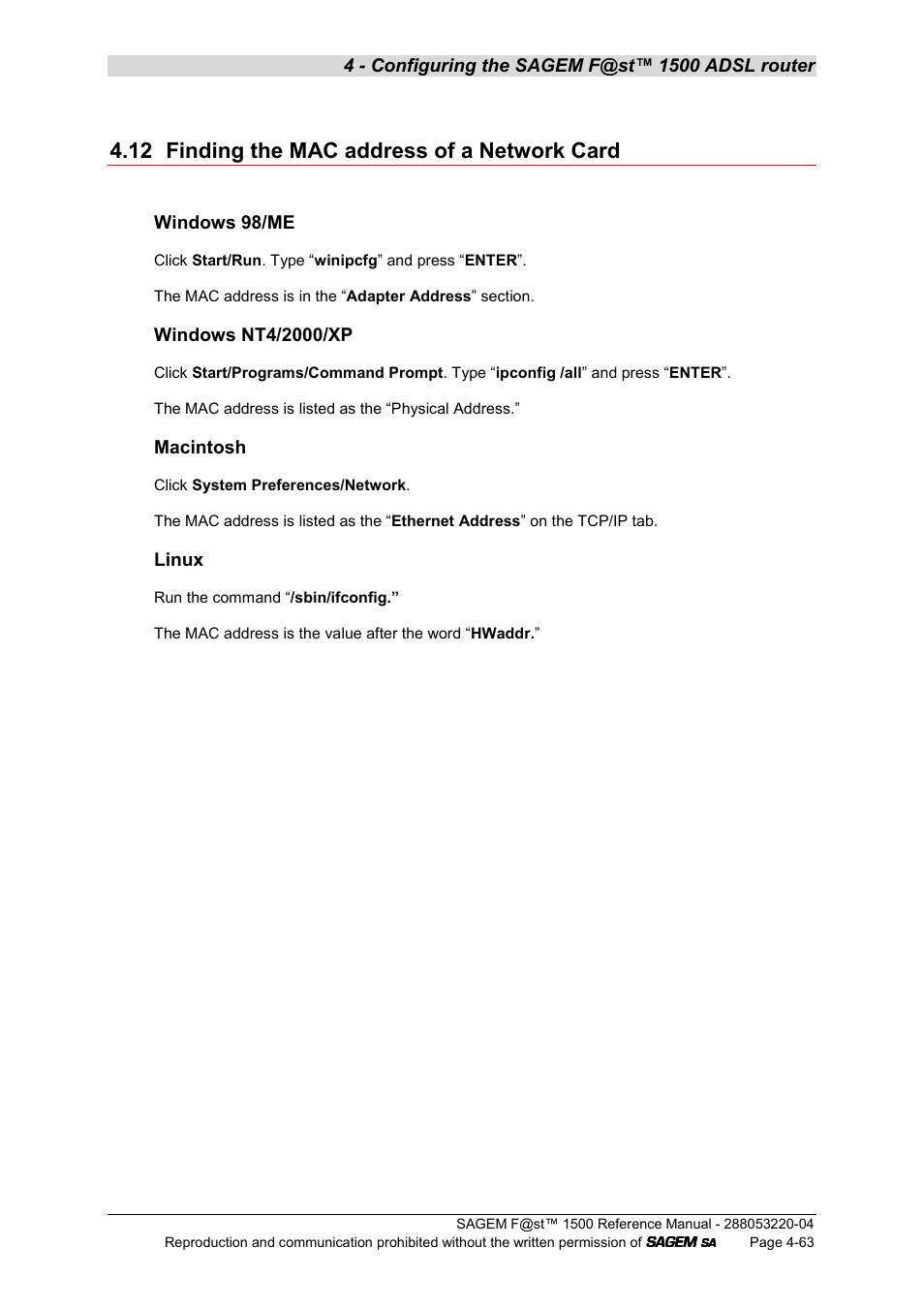 12 finding the mac address of a network card | Sagem SAGEMFAST 1500WG User Manual | Page 109 / 138
