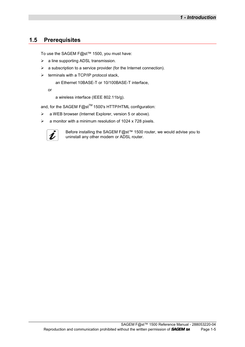5 prerequisites, 1 - introduction | Sagem SAGEMFAST 1500WG User Manual | Page 11 / 138