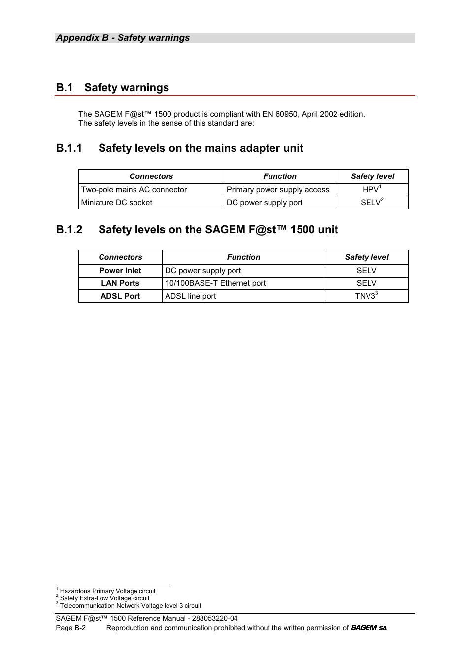 B.1 safety warnings, B.1.1 safety levels on the mains adapter unit, B.1.2 safety levels on the sagem f@st™ 1500 unit | Appendix b - safety warnings | Sagem SAGEMFAST 1500WG User Manual | Page 116 / 138