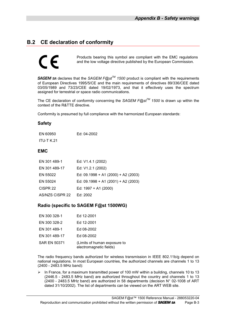 B.2 ce declaration of conformity, Appendix b - safety warnings, Safety | Radio (specific to sagem f@st 1500wg) | Sagem SAGEMFAST 1500WG User Manual | Page 117 / 138