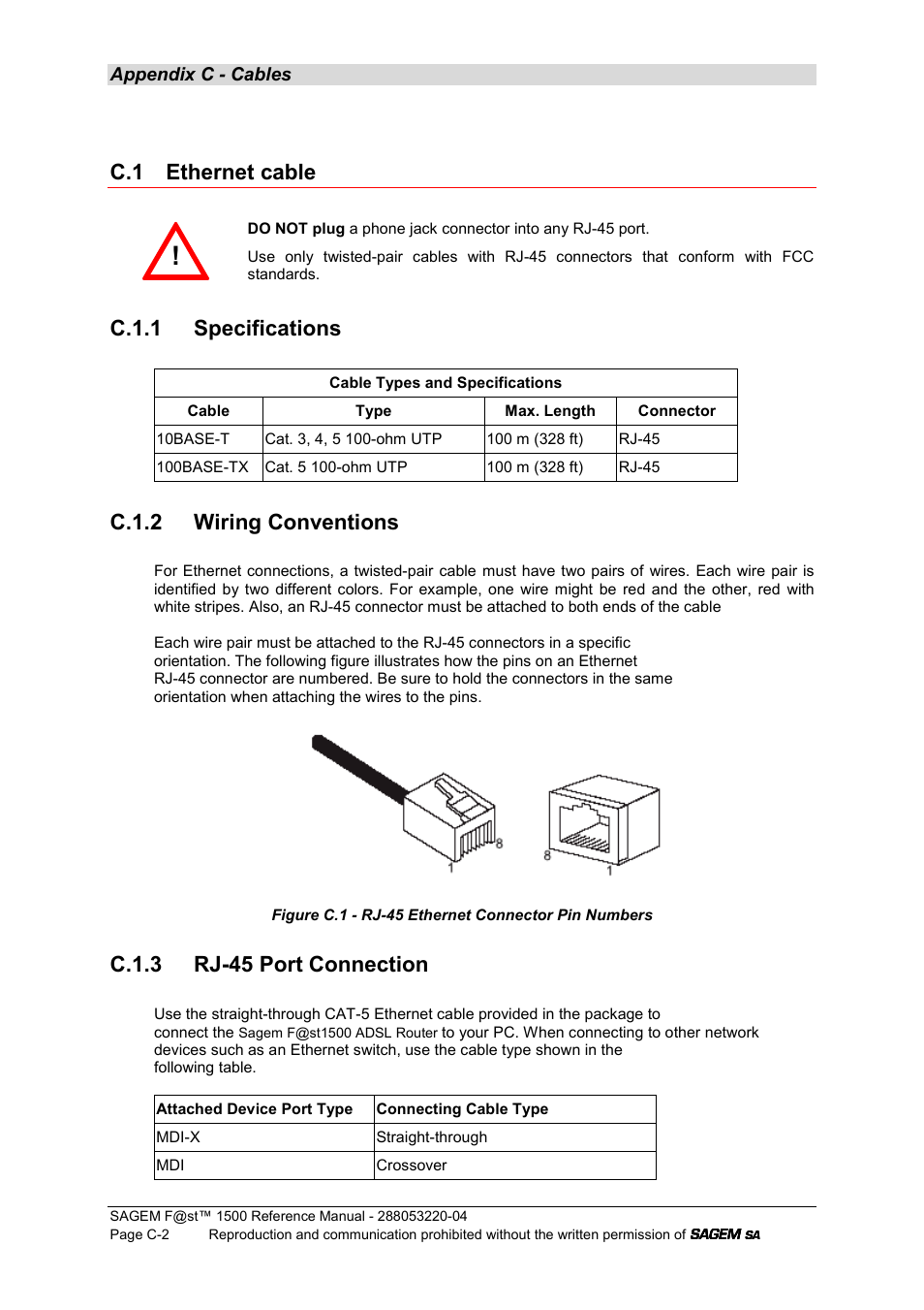 C.1 ethernet cable, C.1.1 specifications, C.1.2 wiring conventions | C.1.3 rj-45 port connection | Sagem SAGEMFAST 1500WG User Manual | Page 120 / 138