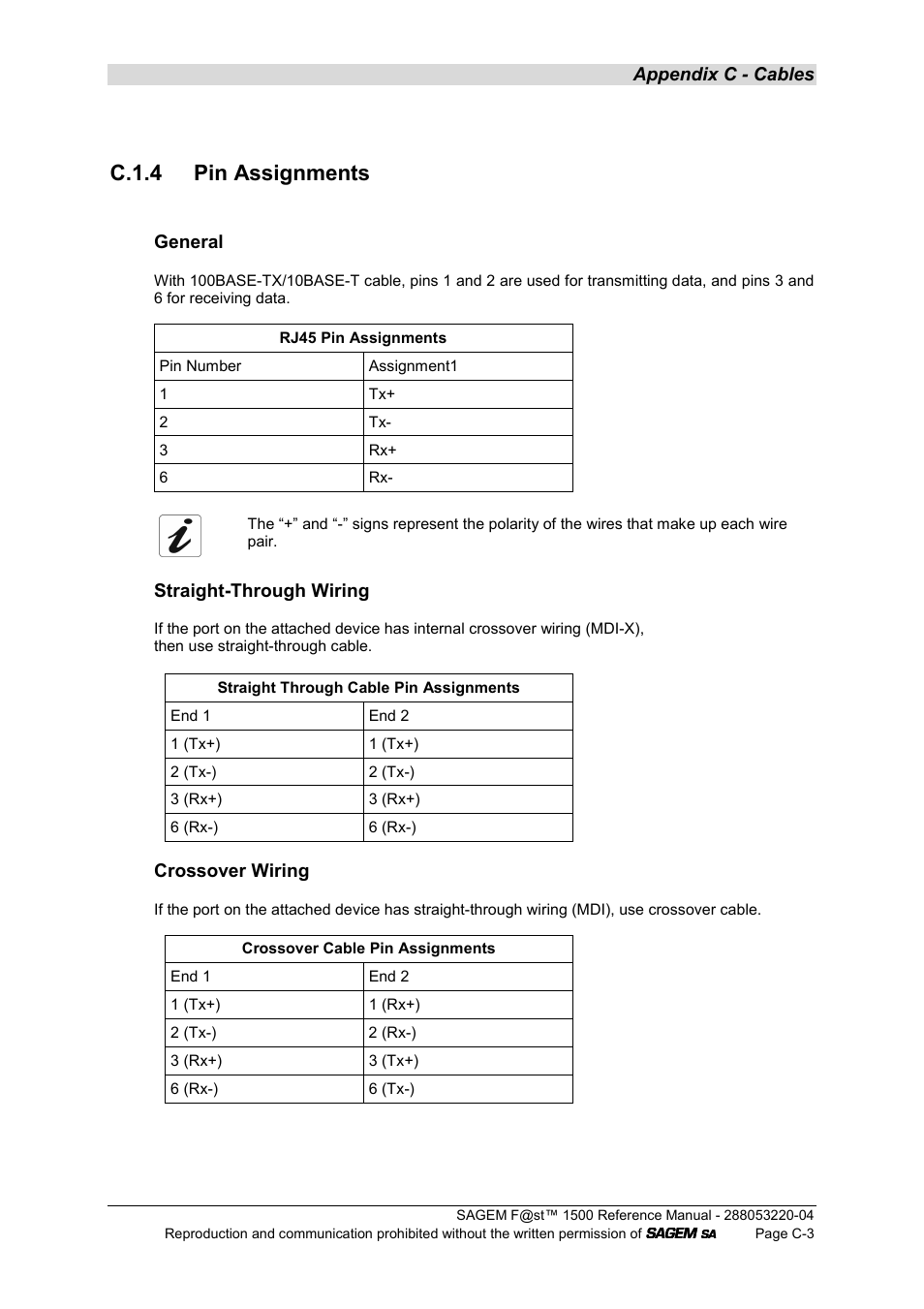 C.1.4 pin assignments, Appendix c - cables, General | Straight-through wiring, Crossover wiring | Sagem SAGEMFAST 1500WG User Manual | Page 121 / 138