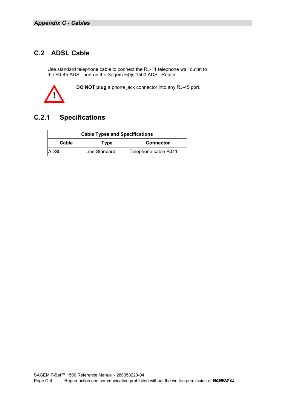 C.2 adsl cable, C.2.1 specifications | Sagem SAGEMFAST 1500WG User Manual | Page 122 / 138