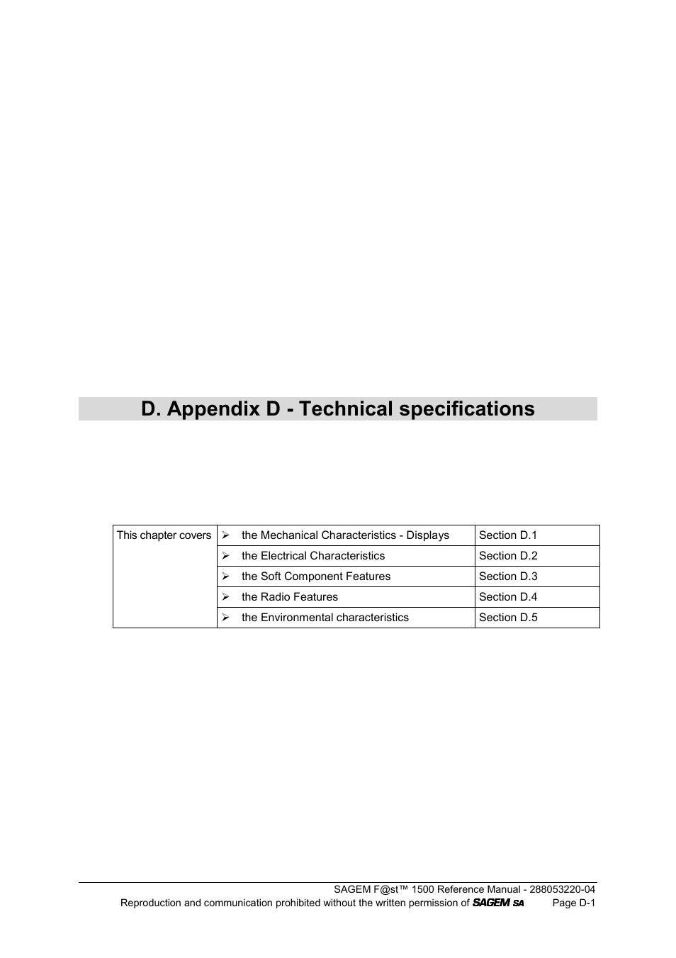 D. appendix d - technical specifications | Sagem SAGEMFAST 1500WG User Manual | Page 125 / 138