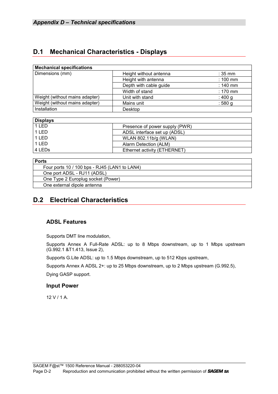 D.1 mechanical characteristics - displays, D.2 electrical characteristics, Appendix d – technical specifications | Adsl features, Input power | Sagem SAGEMFAST 1500WG User Manual | Page 126 / 138