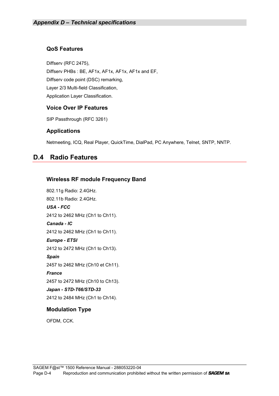 D.4 radio features | Sagem SAGEMFAST 1500WG User Manual | Page 128 / 138
