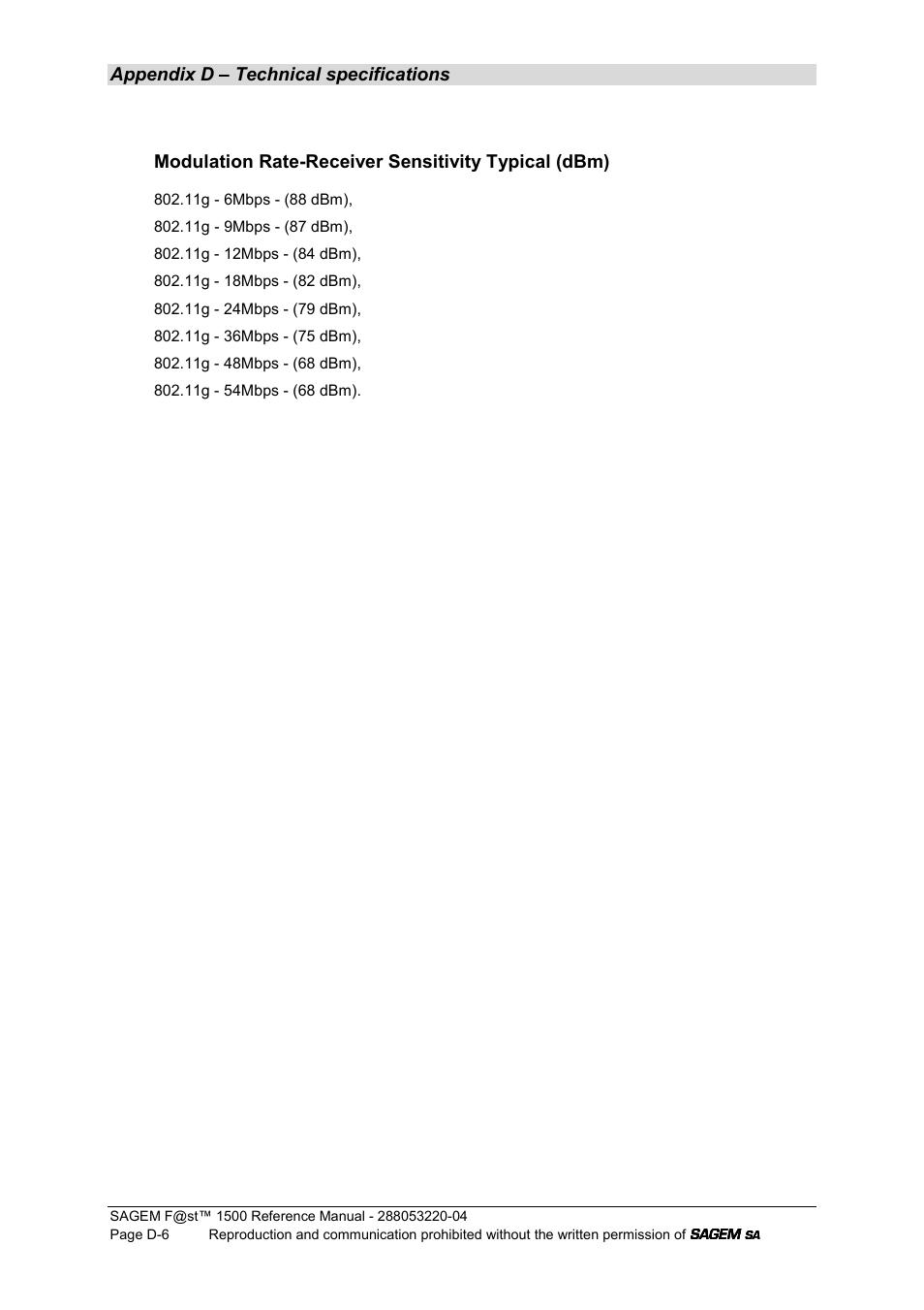Appendix d – technical specifications, Modulation rate-receiver sensitivity typical (dbm) | Sagem SAGEMFAST 1500WG User Manual | Page 130 / 138