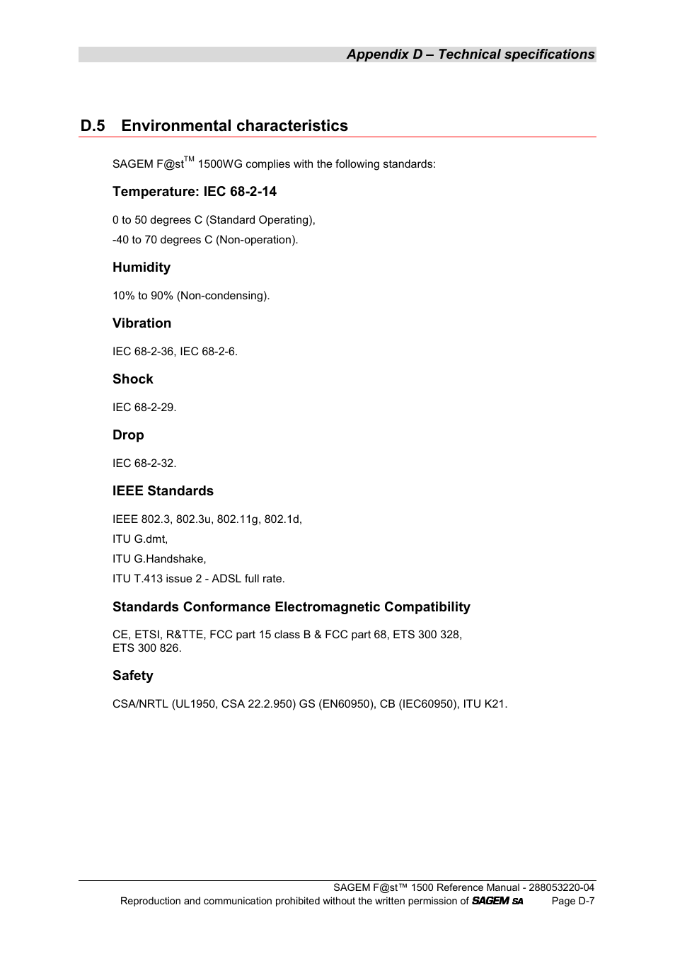 D.5 environmental characteristics | Sagem SAGEMFAST 1500WG User Manual | Page 131 / 138