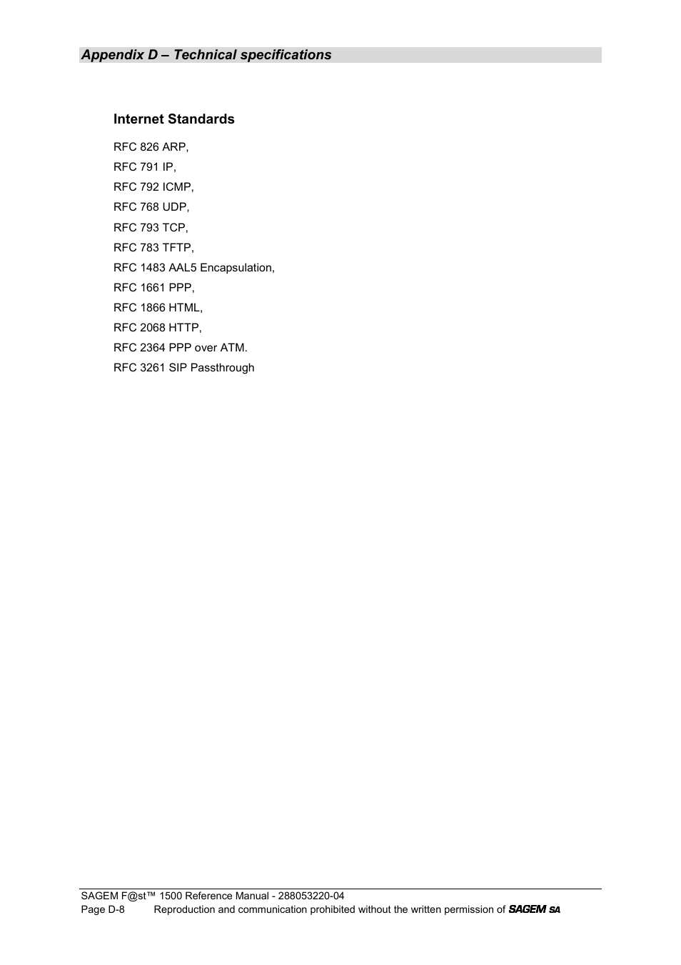 Appendix d – technical specifications, Internet standards | Sagem SAGEMFAST 1500WG User Manual | Page 132 / 138
