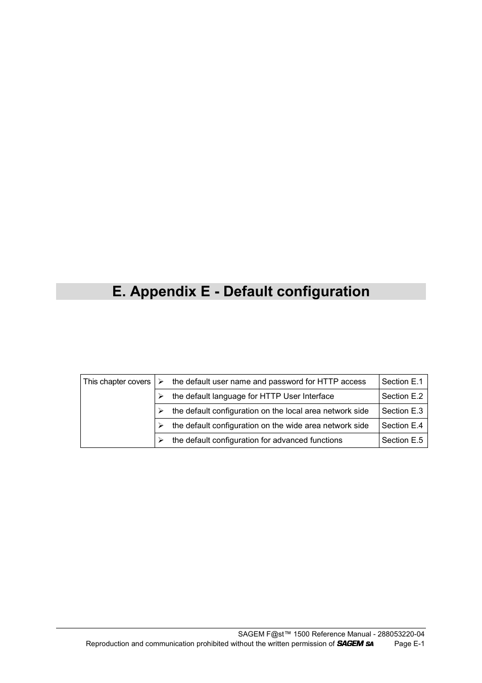 E. appendix e - default configuration | Sagem SAGEMFAST 1500WG User Manual | Page 133 / 138