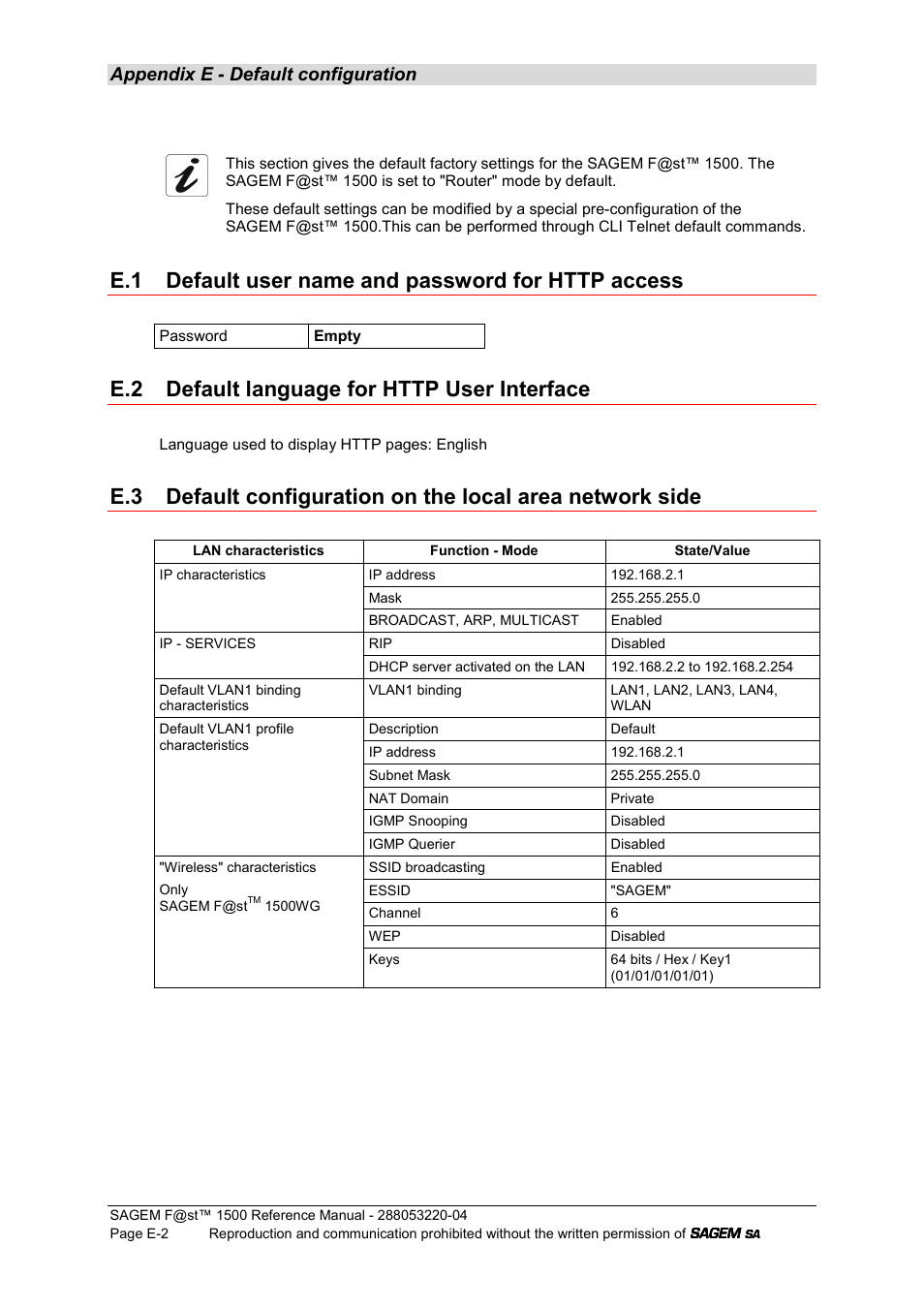 E.1 default user name and password for http access, E.2 default language for http user interface, Appendix e - default configuration | Sagem SAGEMFAST 1500WG User Manual | Page 134 / 138