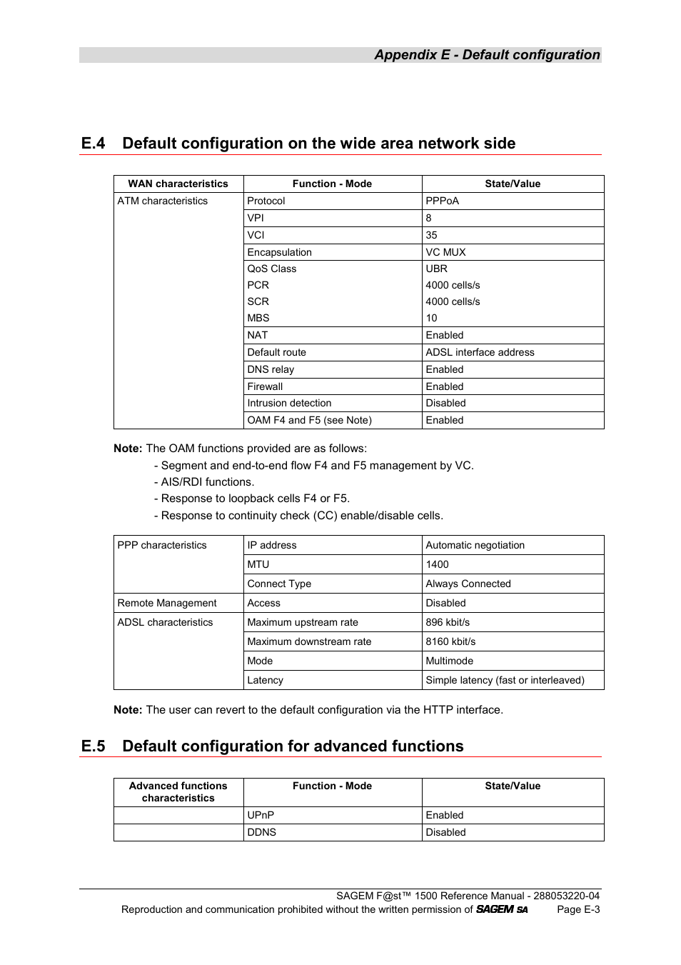 E.5 default configuration for advanced functions, Appendix e - default configuration | Sagem SAGEMFAST 1500WG User Manual | Page 135 / 138