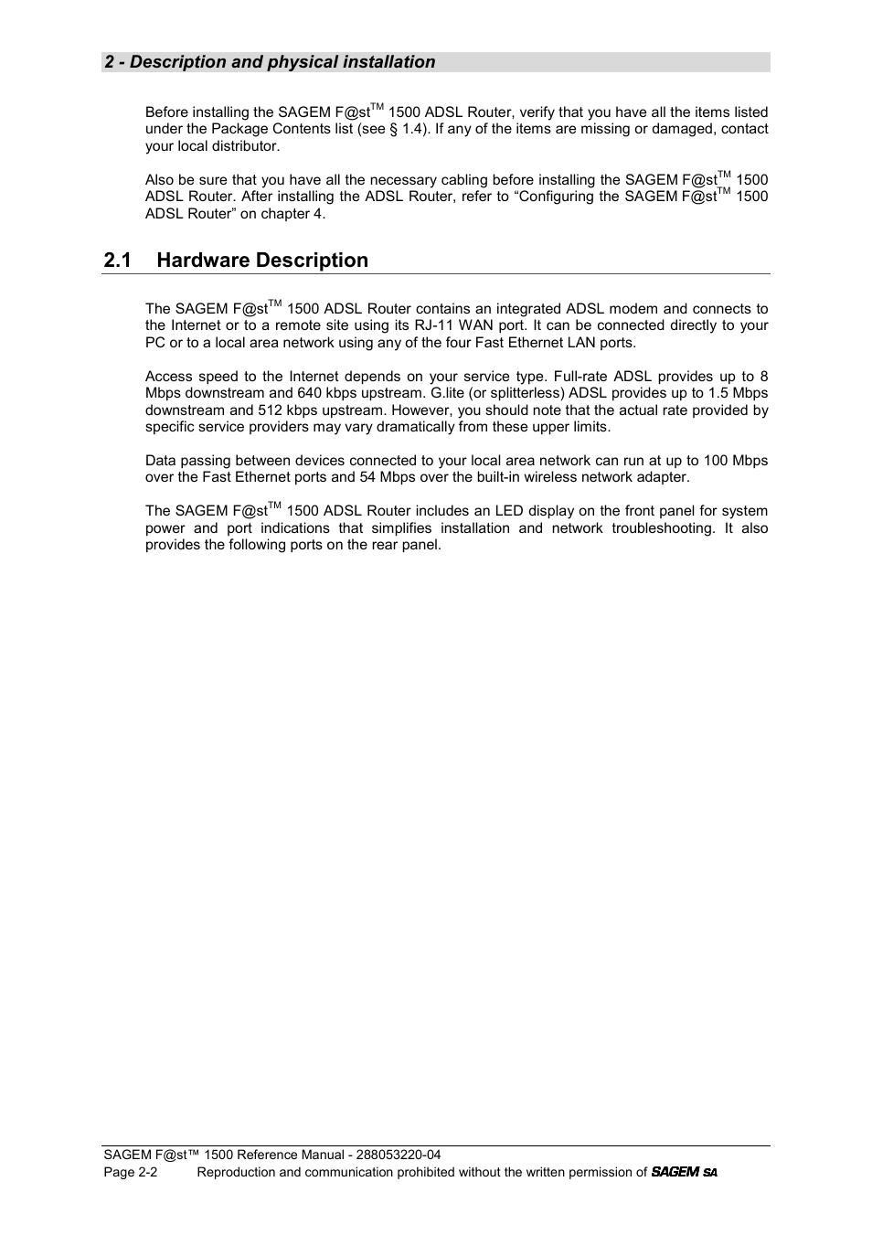 1 hardware description, 2 - description and physical installation | Sagem SAGEMFAST 1500WG User Manual | Page 14 / 138