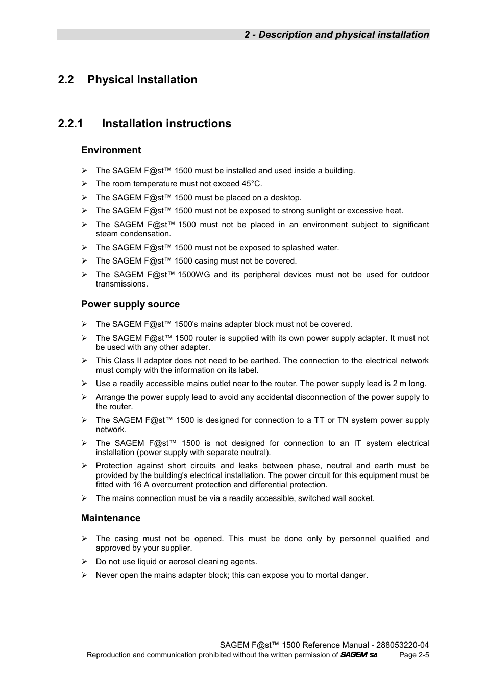 2 physical installation, 1 installation instructions | Sagem SAGEMFAST 1500WG User Manual | Page 17 / 138