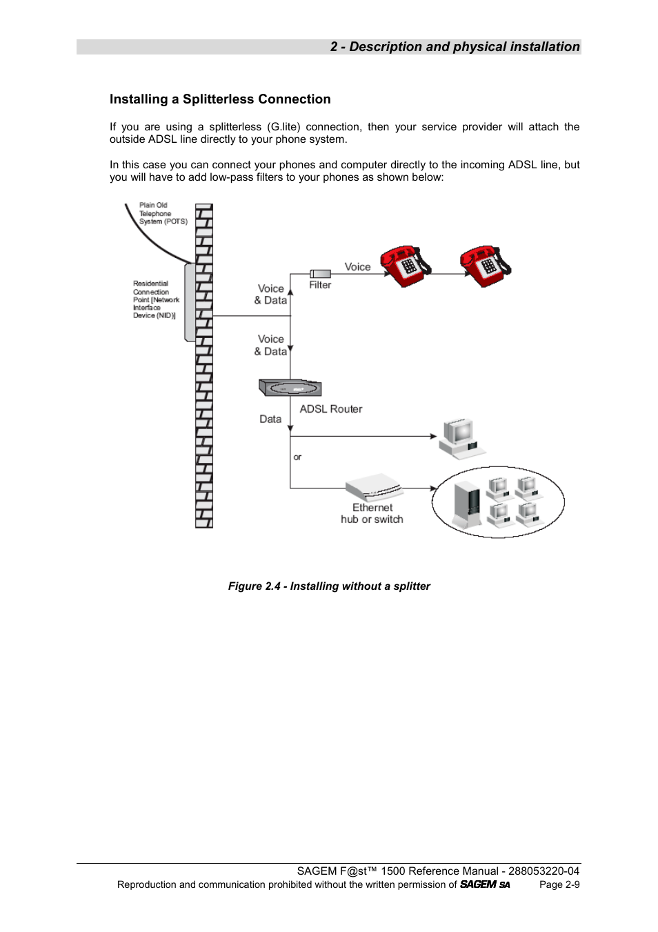 2 - description and physical installation, Installing a splitterless connection | Sagem SAGEMFAST 1500WG User Manual | Page 21 / 138