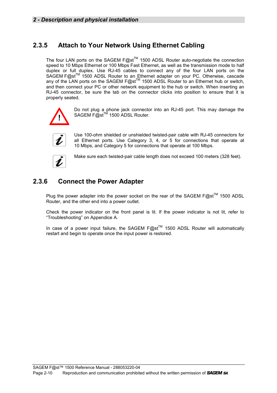 5 attach to your network using ethernet cabling, 6 connect the power adapter, 2 - description and physical installation | Sagem SAGEMFAST 1500WG User Manual | Page 22 / 138