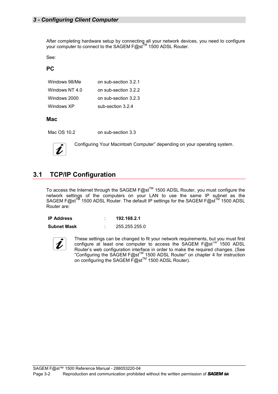 1 tcp/ip configuration, 3 - configuring client computer | Sagem SAGEMFAST 1500WG User Manual | Page 26 / 138