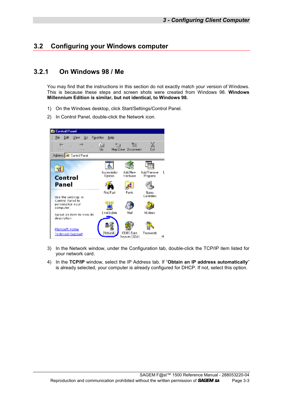 2 configuring your windows computer, 1 on windows 98 / me | Sagem SAGEMFAST 1500WG User Manual | Page 27 / 138