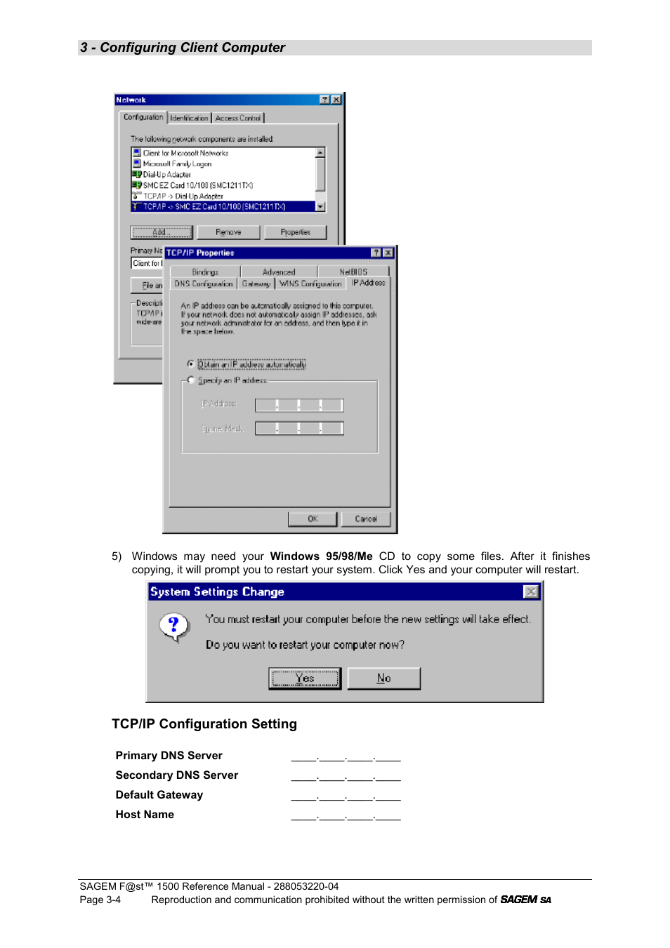 3 - configuring client computer, Tcp/ip configuration setting | Sagem SAGEMFAST 1500WG User Manual | Page 28 / 138