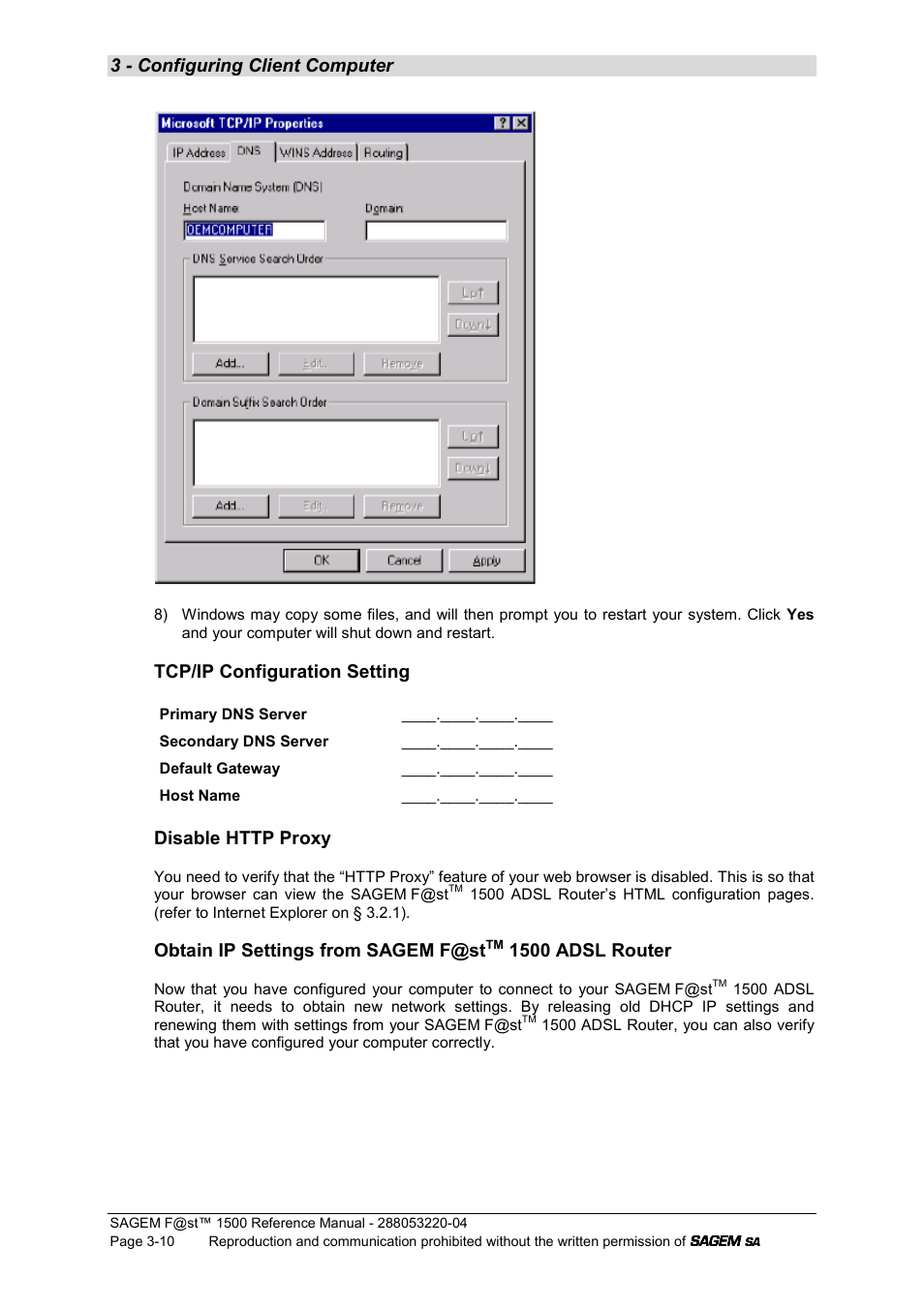 3 - configuring client computer, Tcp/ip configuration setting, Obtain ip settings from sagem f@st | 1500 adsl router | Sagem SAGEMFAST 1500WG User Manual | Page 34 / 138