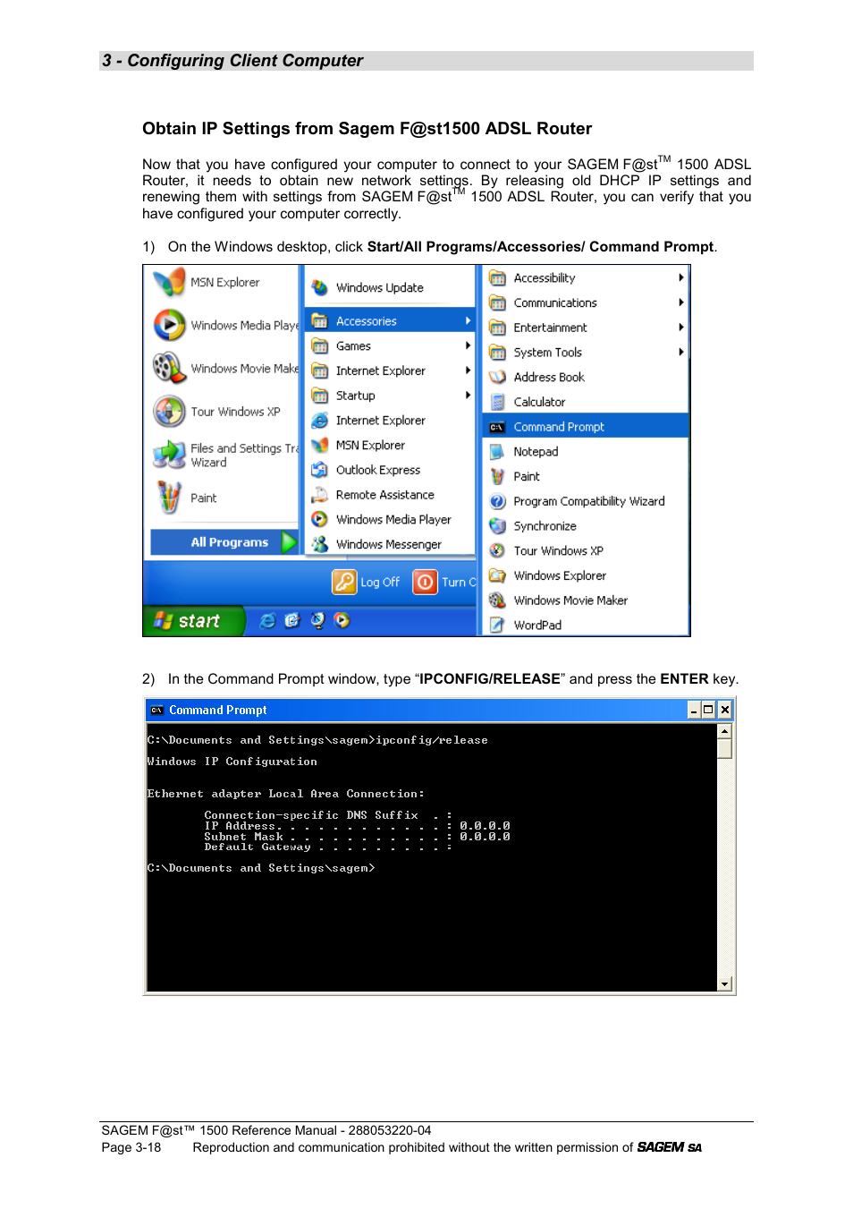 3 - configuring client computer, Obtain ip settings from sagem f@st1500 adsl router | Sagem SAGEMFAST 1500WG User Manual | Page 42 / 138
