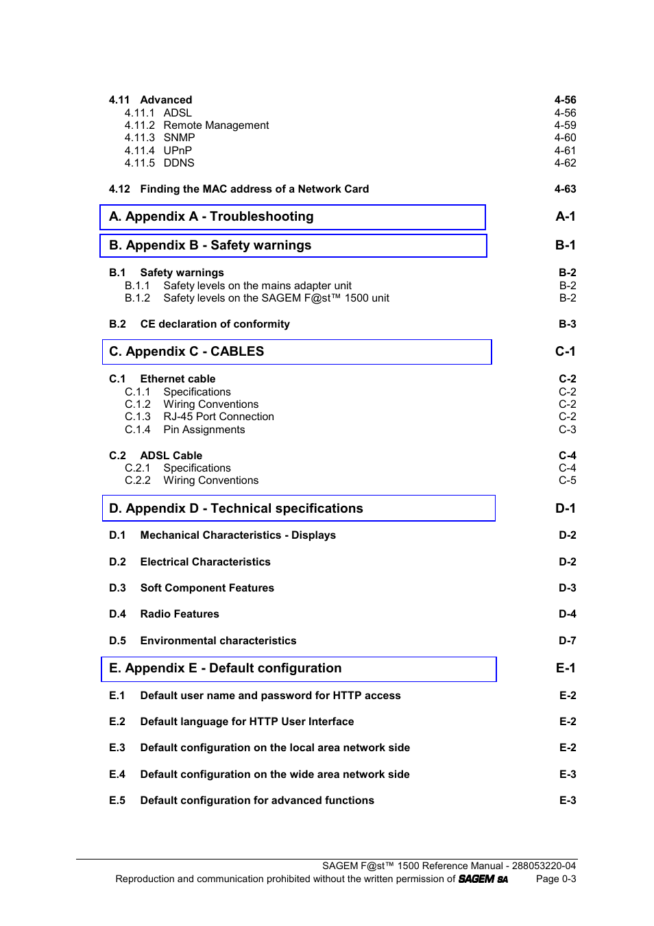 C. appendix c - cables c-1, D. appendix d - technical specifications d-1, E. appendix e - default configuration e-1 | Sagem SAGEMFAST 1500WG User Manual | Page 5 / 138