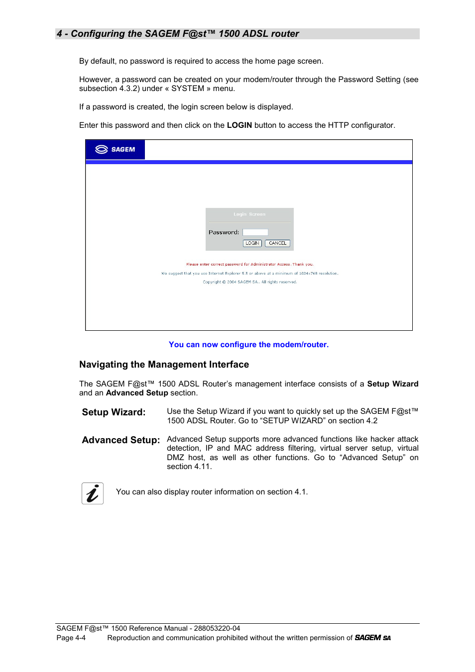 Navigating the management interface, Setup wizard, Advanced setup | Sagem SAGEMFAST 1500WG User Manual | Page 50 / 138