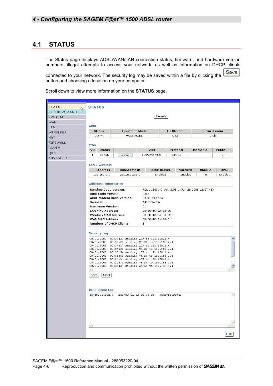 1 status | Sagem SAGEMFAST 1500WG User Manual | Page 52 / 138