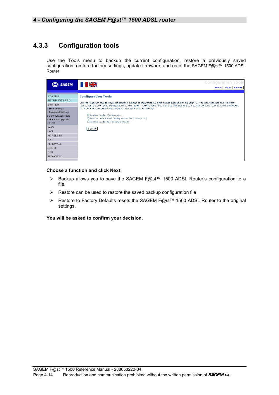 3 configuration tools | Sagem SAGEMFAST 1500WG User Manual | Page 60 / 138