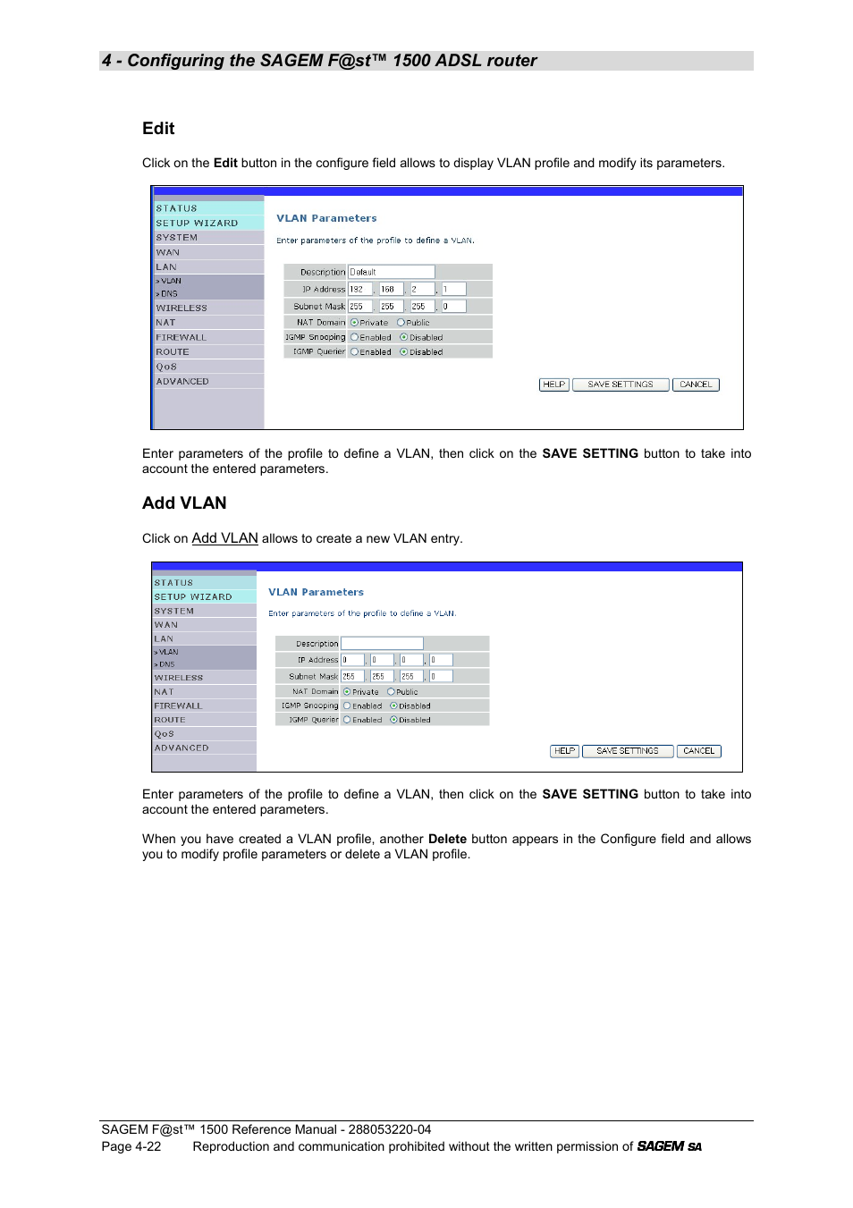 Edit, Add vlan | Sagem SAGEMFAST 1500WG User Manual | Page 68 / 138