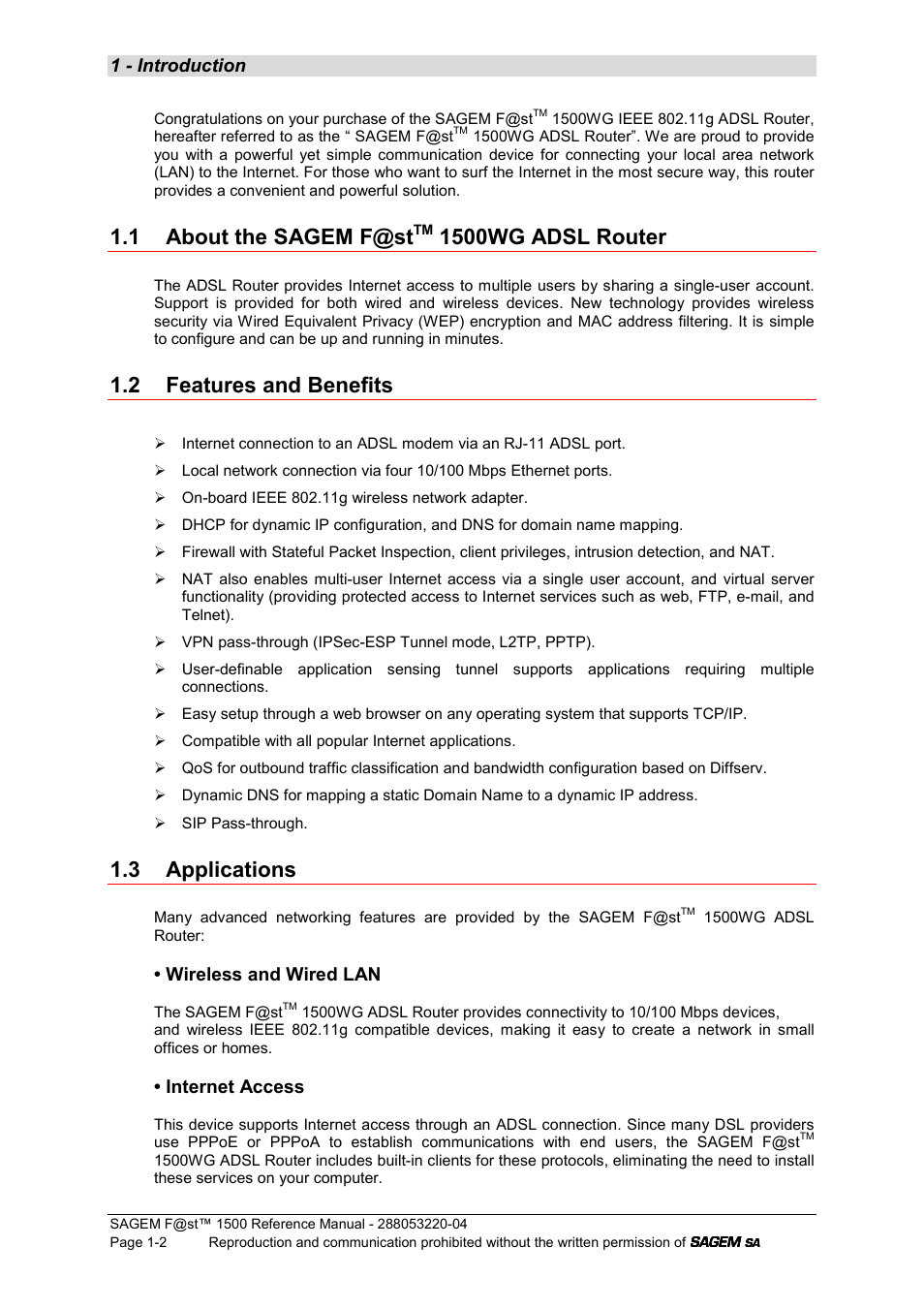 1 about the sagem f@st tm 1500wg adsl router, 2 features and benefits, 3 applications | 1 about the sagem f@st, 1500wg adsl router, 1 - introduction, Wireless and wired lan, Internet access | Sagem SAGEMFAST 1500WG User Manual | Page 8 / 138