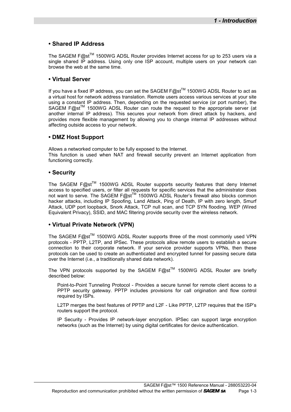 1 - introduction, Shared ip address, Virtual server | Dmz host support, Security, Virtual private network (vpn) | Sagem SAGEMFAST 1500WG User Manual | Page 9 / 138