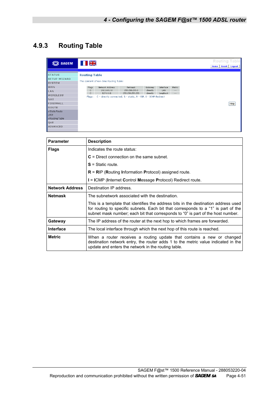 3 routing table | Sagem SAGEMFAST 1500WG User Manual | Page 97 / 138
