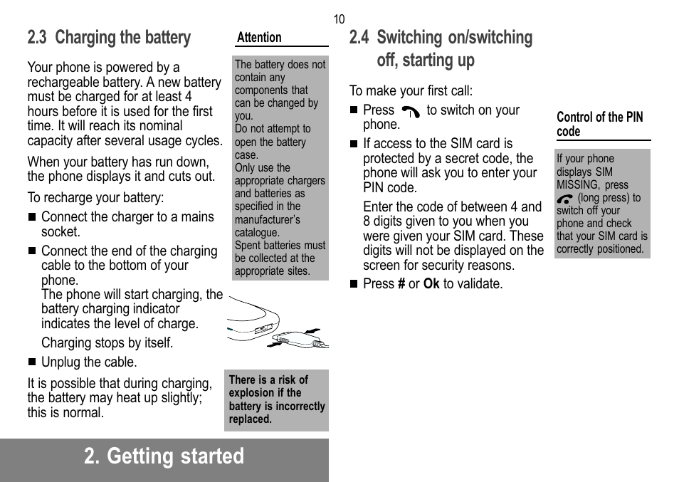 Getting started, 4 switching on/switching off, starting up, 3 charging the battery | Sagem 912 User Manual | Page 11 / 50