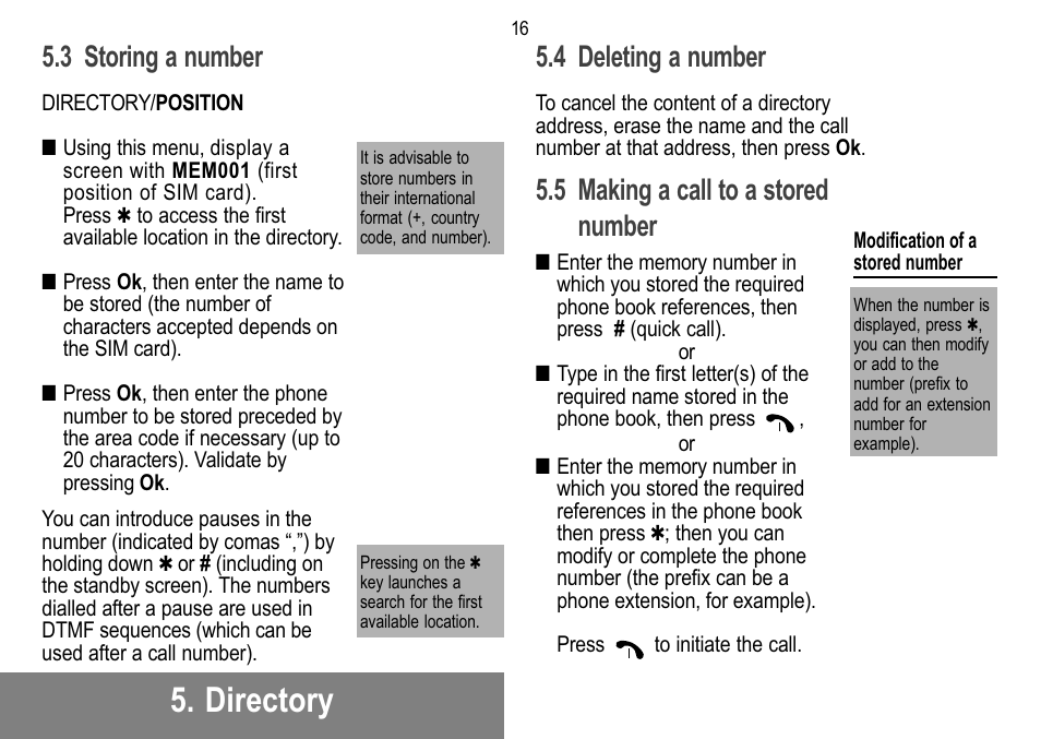Directory, 3storing a number, 4 deleting a number | 5 making a call to a stored number | Sagem 912 User Manual | Page 17 / 50
