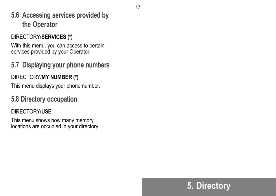 Directory, 6 accessing services provided by the operator, 7 displaying your phone numbers | 8 directory occupation | Sagem 912 User Manual | Page 18 / 50