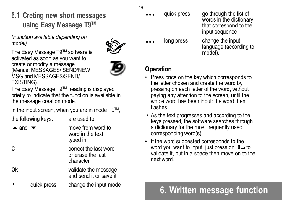 Written message function, 1 creting new short messages using easy message t9 | Sagem 912 User Manual | Page 20 / 50